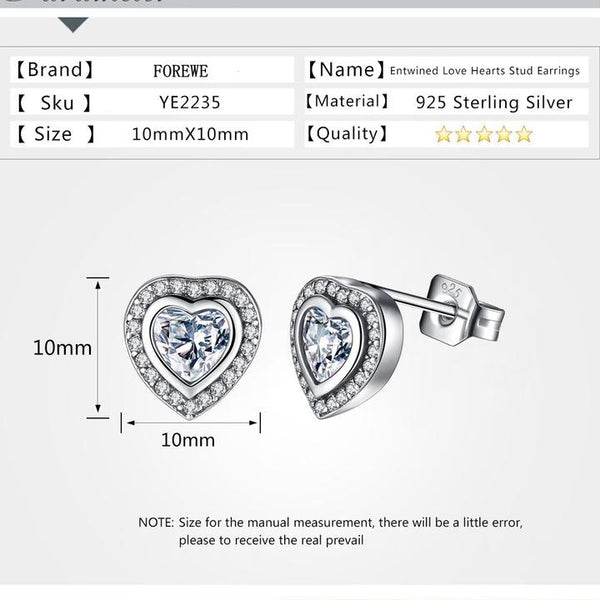 925 Silver sterling Sparkling Love twin Heart Studs Earrings + gift box
