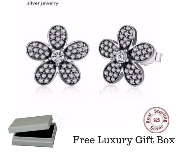 Silver Sterling Dazzling Sparkling Daisy Flower Earrings