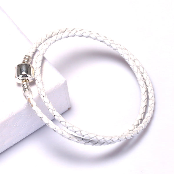 Silver Plated Double Leather Woven Braided Cord Bracelet