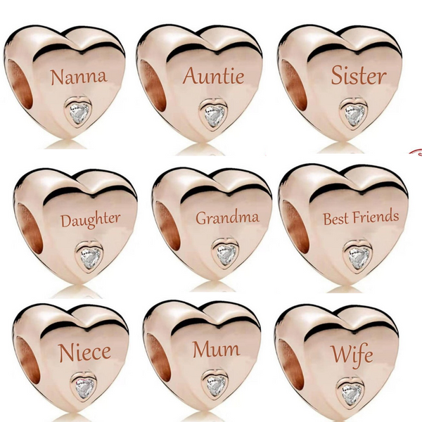 925 Sterling Silver ROSE GOLD Family Love Heart Charm
