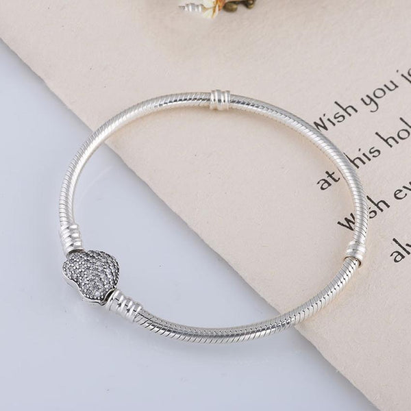 Clear Pave Heart Clasp Moments Starter Snake Chain Charm Bracelet