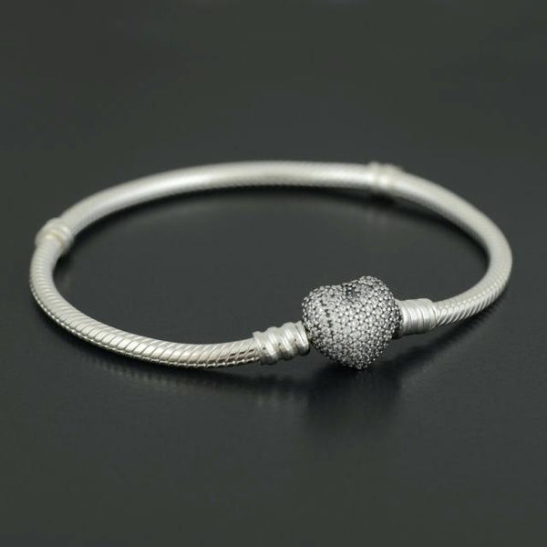 Clear Pave Heart Clasp Moments Starter Snake Chain Charm Bracelet