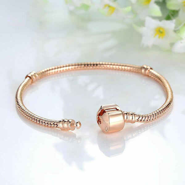 Rose Gold Starter Classic Barrel Clasp Snake Chain Charm bracelet