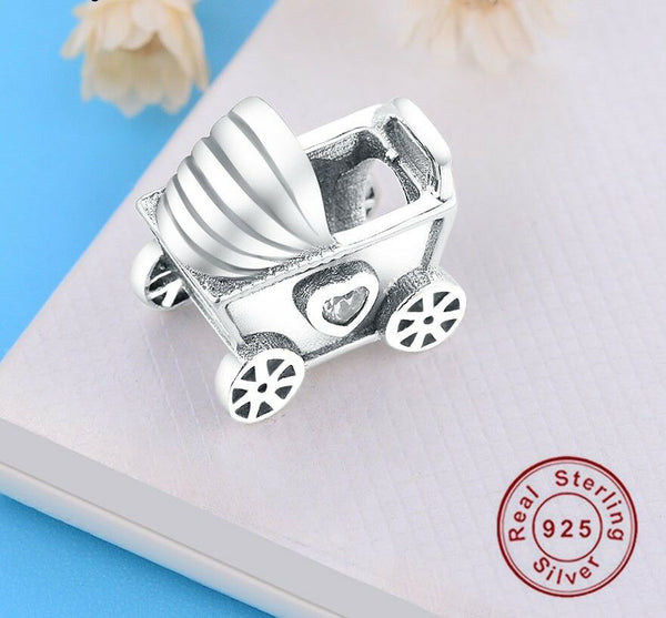 Silver Sterling Baby Pram Buggy New Mother Shower Love Heart Charm