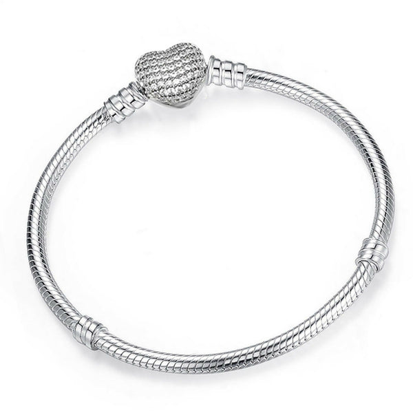 Silver Pave Heart Clasp Starter snake chain Charm Bracelet