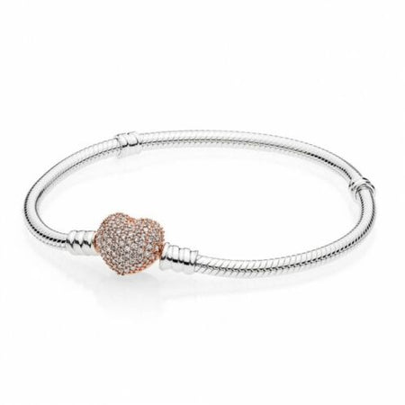 Real 925 Silver Starter Bangle Bracelet Classic Pave Heart Clasp