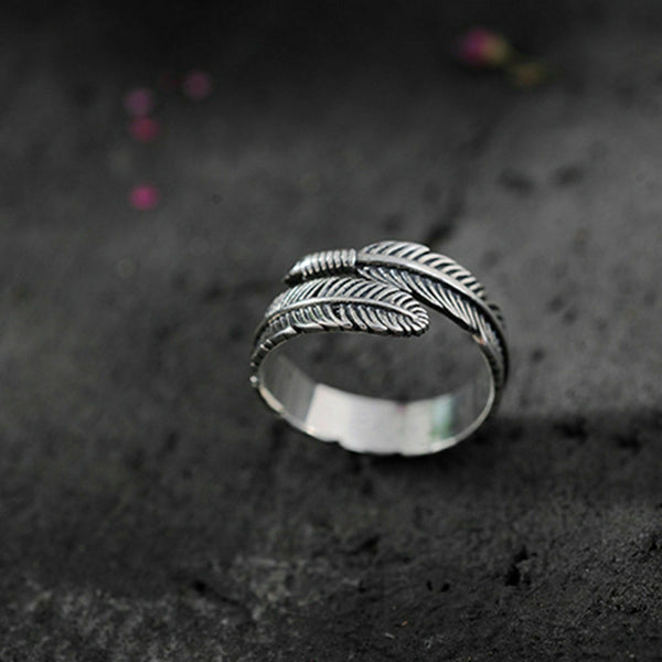 Unisex Silver Feather Ancient Vintage Style Open Ring
