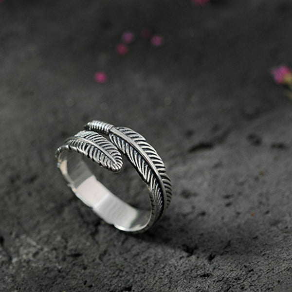 Unisex Silver Feather Ancient Vintage Style Open Ring
