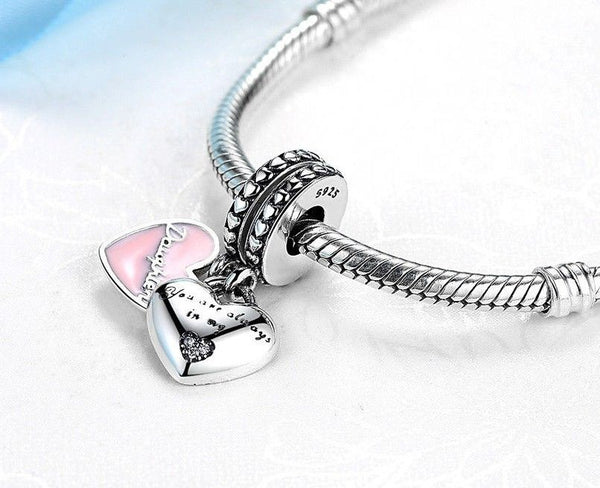 Mother & Daughter Duo Twin Heart Mom Mum love Dangle Pendant Charm Set