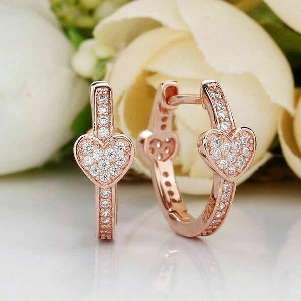 925 Silver Sterling Rose Gold Heart HOOP EARRINGS