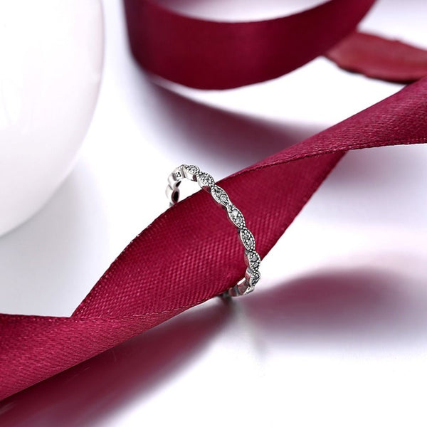 Silver Sterling slim Delicate Band of Shimmering Leaves Stackable Stone Ring