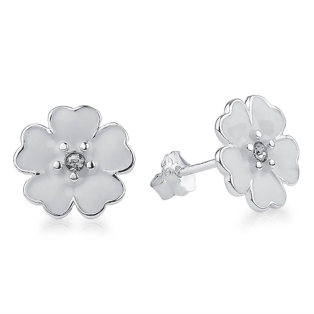 Silver Sterling White Enamel Primrose Floral Earrings