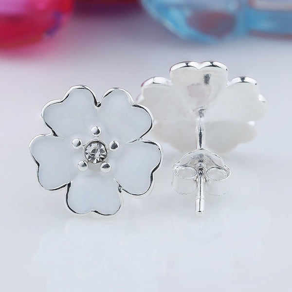 Silver Sterling White Enamel Primrose Floral Earrings