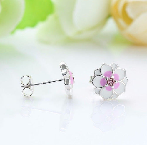 Silver Sterling Pink Magnolia Floral Daisy Earrings pandora style