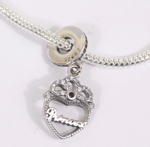 925 Silver Sterling Princess Crown Heart Pendant Charm fits pandora