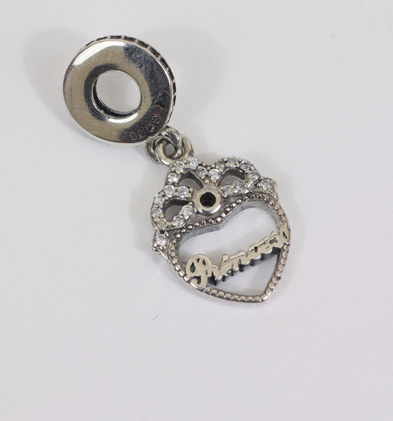925 Silver Sterling Princess Crown Heart Pendant Charm