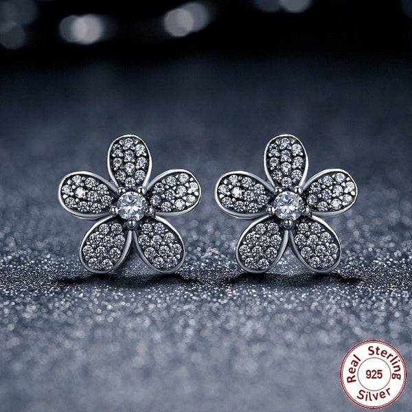 Silver Sterling Dazzling Sparkling Daisy Flower Earrings