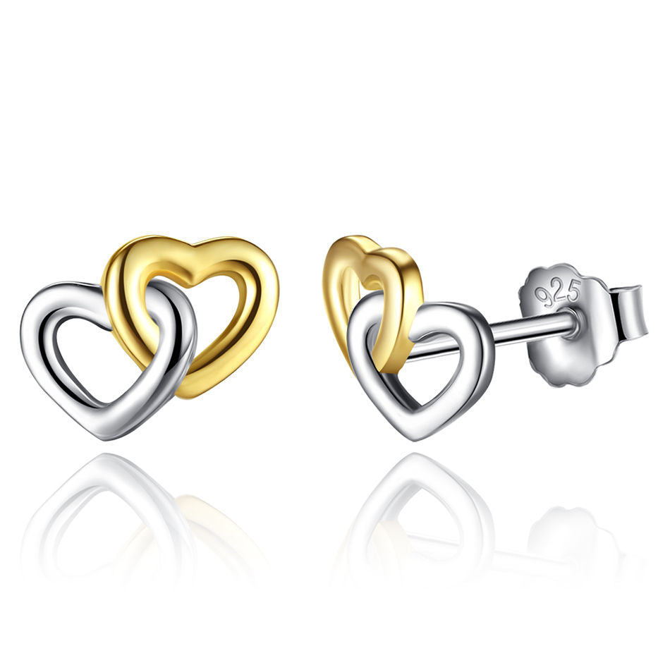 Sterling Silver twin Locked hearts two tone entwined studs