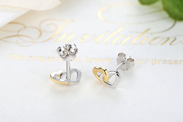 Sterling Silver twin Locked hearts two tone entwined studs