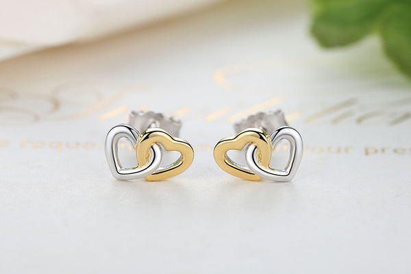 Sterling Silver twin Locked hearts two tone entwined studs