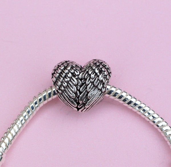 Silver Plated Angel wing feather LOVE heart Charm