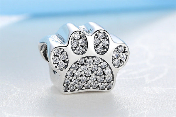 925 Sterling Silver Pave Dog Paw Pet Animal Charm
