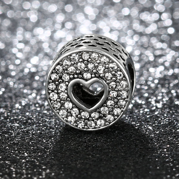 Silver Plated Pave round heart Charm fits pandora bracelets