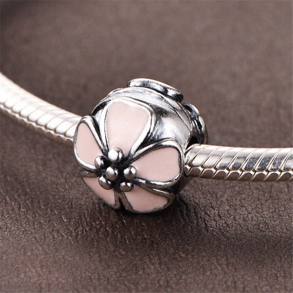Silver Plated Pink Cherry Blossom lock Clip Stopper Charm