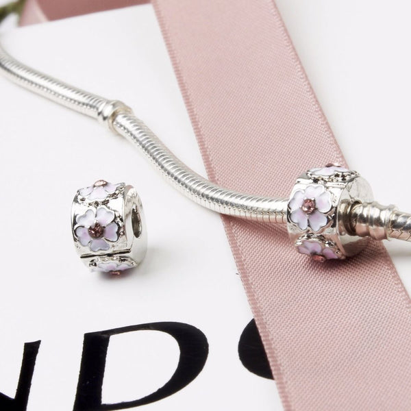 Silver Plated Pink Cherry Blossom Clip Stopper Charm for pandora