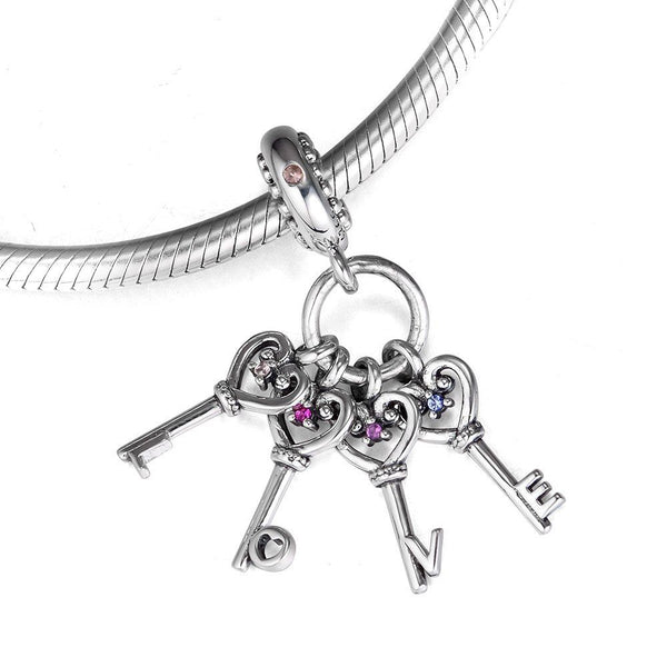 925 Sterling Silver KEYS OF LOVE Dangle Pendant Charm