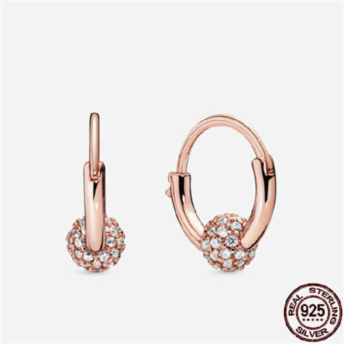 925 Silver Sterling Rose Gold Pave ball hoop Earrings