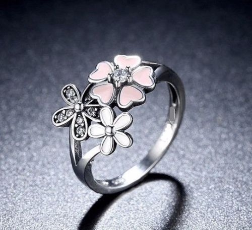 Silver Sterling Poetic Bloom Pink Triple 3 Daisy cz  Ring