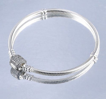 Real 925 Silver Starter Bangle Bracelet Classic Pave Heart Clasp