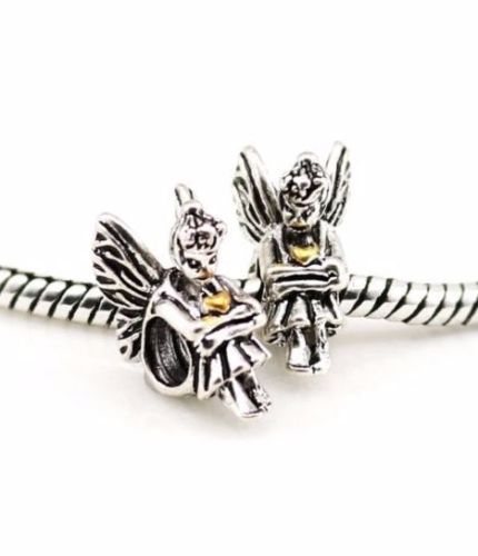 Pixie Fairy angel wings gold heart Charm fits pandora bracelets