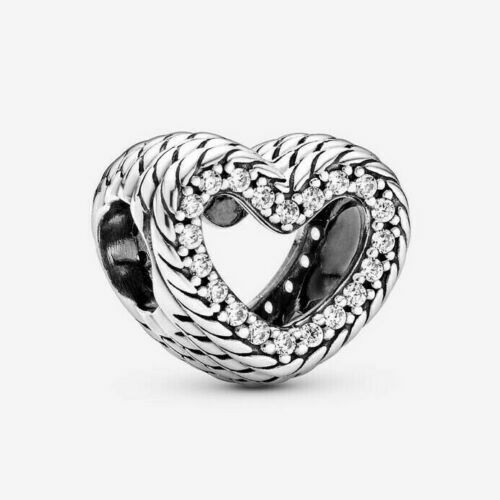 925 Sterling Silver Snake Chain Pattern Open Heart Pave charm