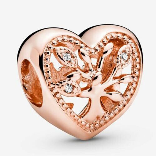 925 Silver rose gold openwork family tree hearts charm