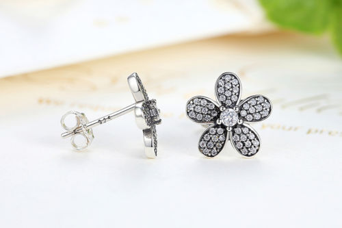 Silver Sterling Dazzling Sparkling Daisy Flower Earrings