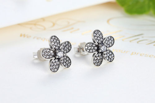 Silver Sterling Dazzling Sparkling Daisy Flower Earrings