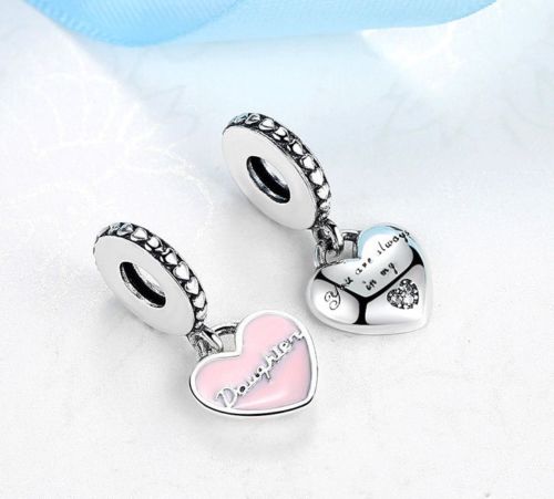 Mother & Daughter Duo Twin Heart Mom Mum love Dangle Pendant Charm Set