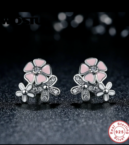 Sterling Silver poetic blooms pink floral Studs