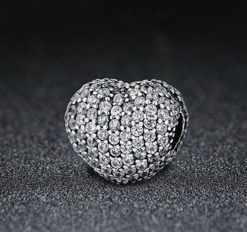 Silver Sterling Love CZ Pave Heart Lock Clip Stopper Charm