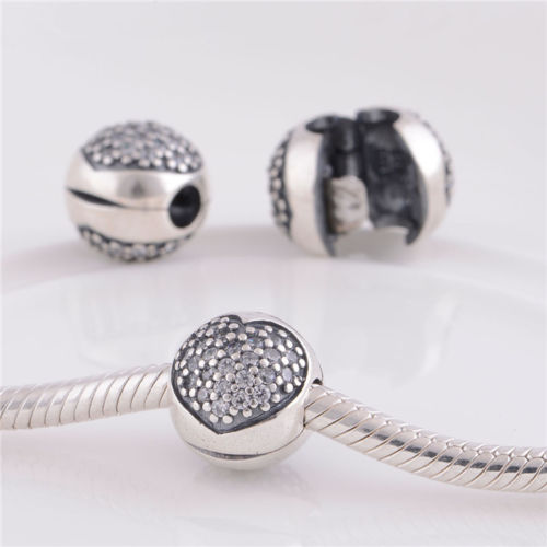 Silver Sterling Pave Heart Stopper Clip fits pandora bracelets