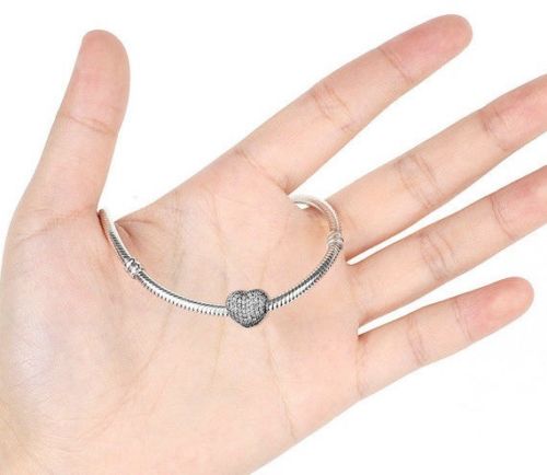 Silver Sterling Love CZ Pave Heart Lock Clip Stopper Charm