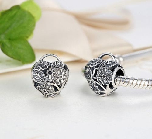 pandora style 925 Silver Floral Heart Padlock love key charm
