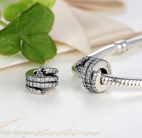 pandora style New Silver Sparkling Snake CZ Stone Pendant Charm