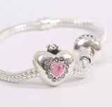 Silver Plated Heart Crown Pink Disney Charm fits pandora