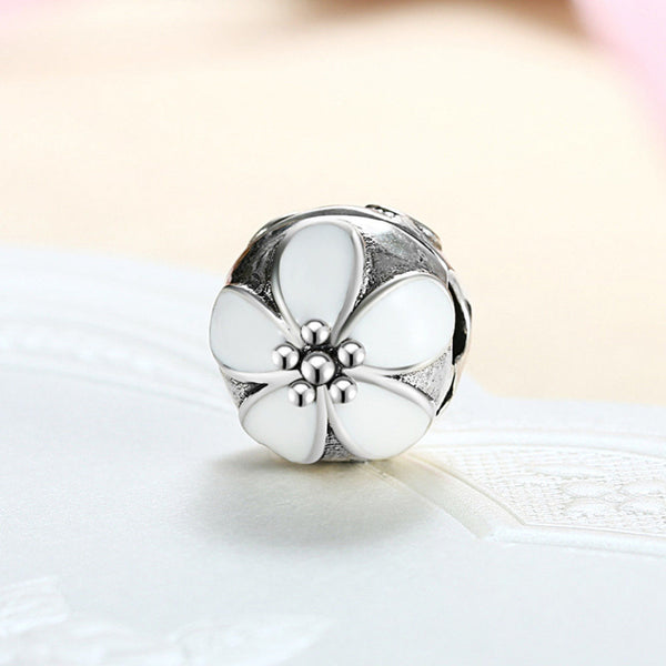 Silver Plated white Cherry Blossom lock Clip Stopper Charm