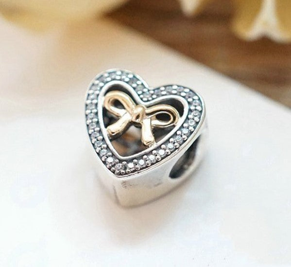 In Love Connected Heart Gold Bow Stone Charm