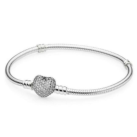 Clear Pave Heart Clasp Moments Starter Snake Chain Charm Bracelet