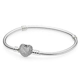 Silver Pave Heart Clasp Moments Starter snake chain Charm Bracelet